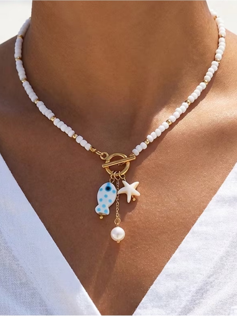 Gold & White Beaded Cute Fish Pearl and Starfish Charm Necklace